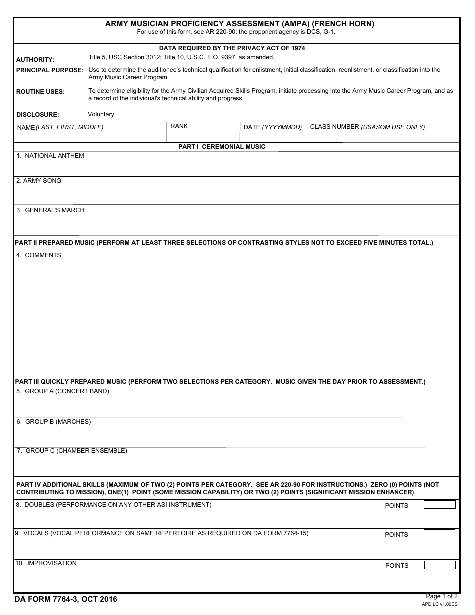 DA Form 7764-3 Army Musician Proficiency Assessment (Ampa) (French Horn), Page 1