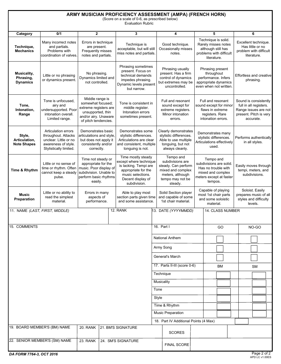 DA Form 7764-3 Army Musician Proficiency Assessment (Ampa) (French Horn), Page 2