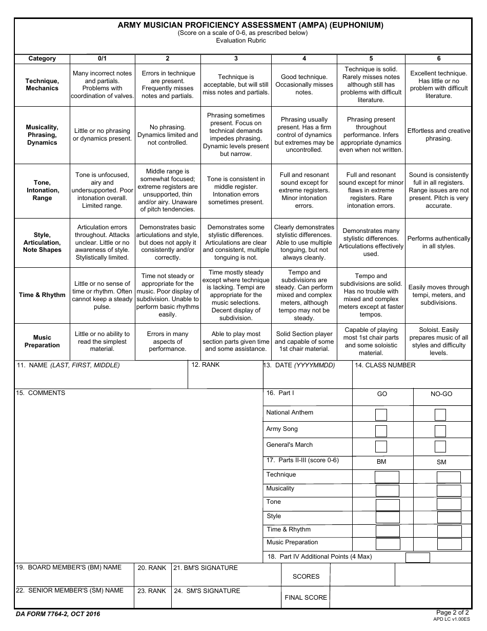 DA Form 7764-2 Army Musician Proficiency Assessment (Ampa) (Euphonium), Page 2