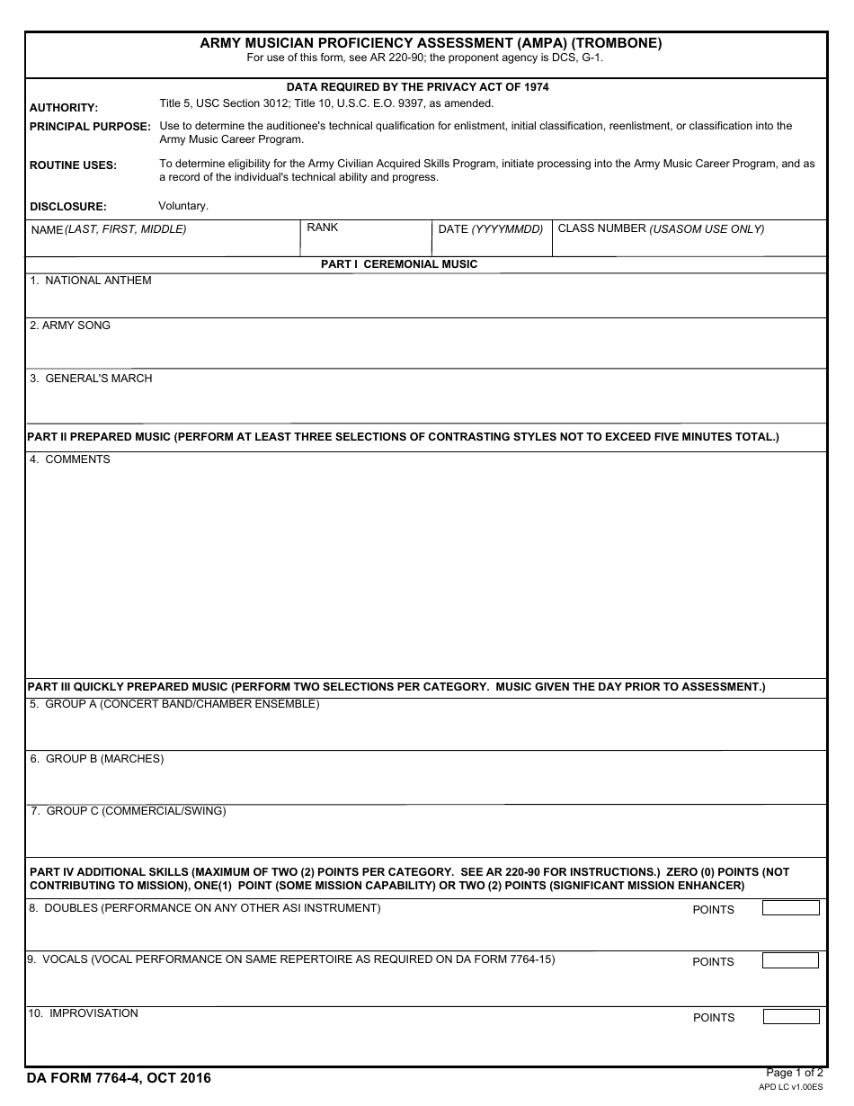 DA Form 7764-4 Army Musician Proficiency Assessment (Ampa) (Trombone), Page 1
