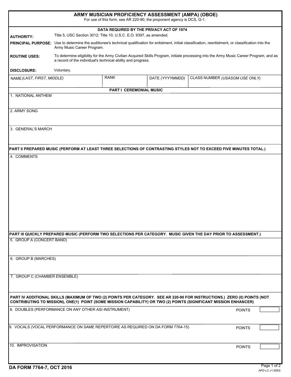 DA Form 7764-7 Army Musician Proficiency Assessment (Ampa) (Oboe), Page 1