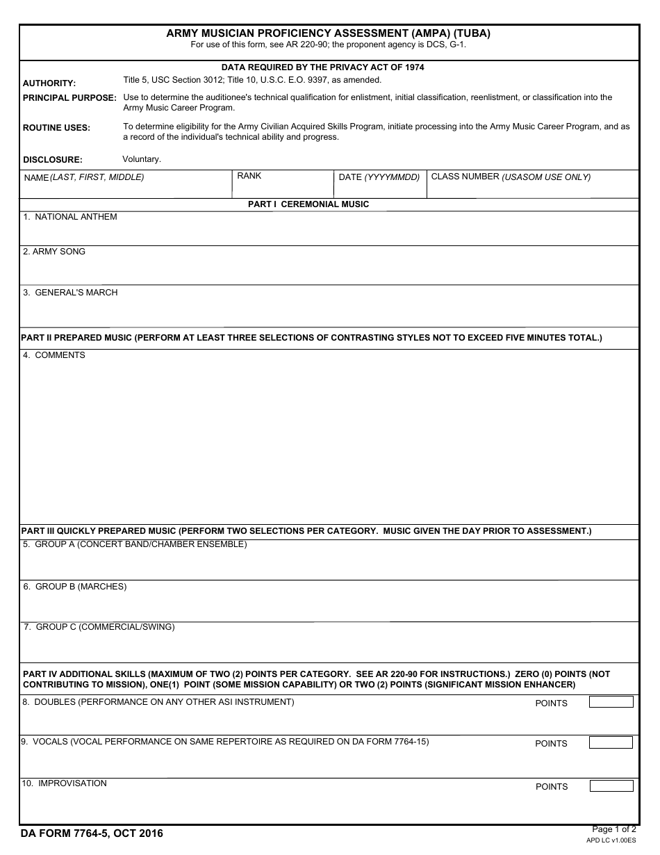 DA Form 7764-5 Army Musician Proficiency Assessment (Ampa) (Tuba), Page 1