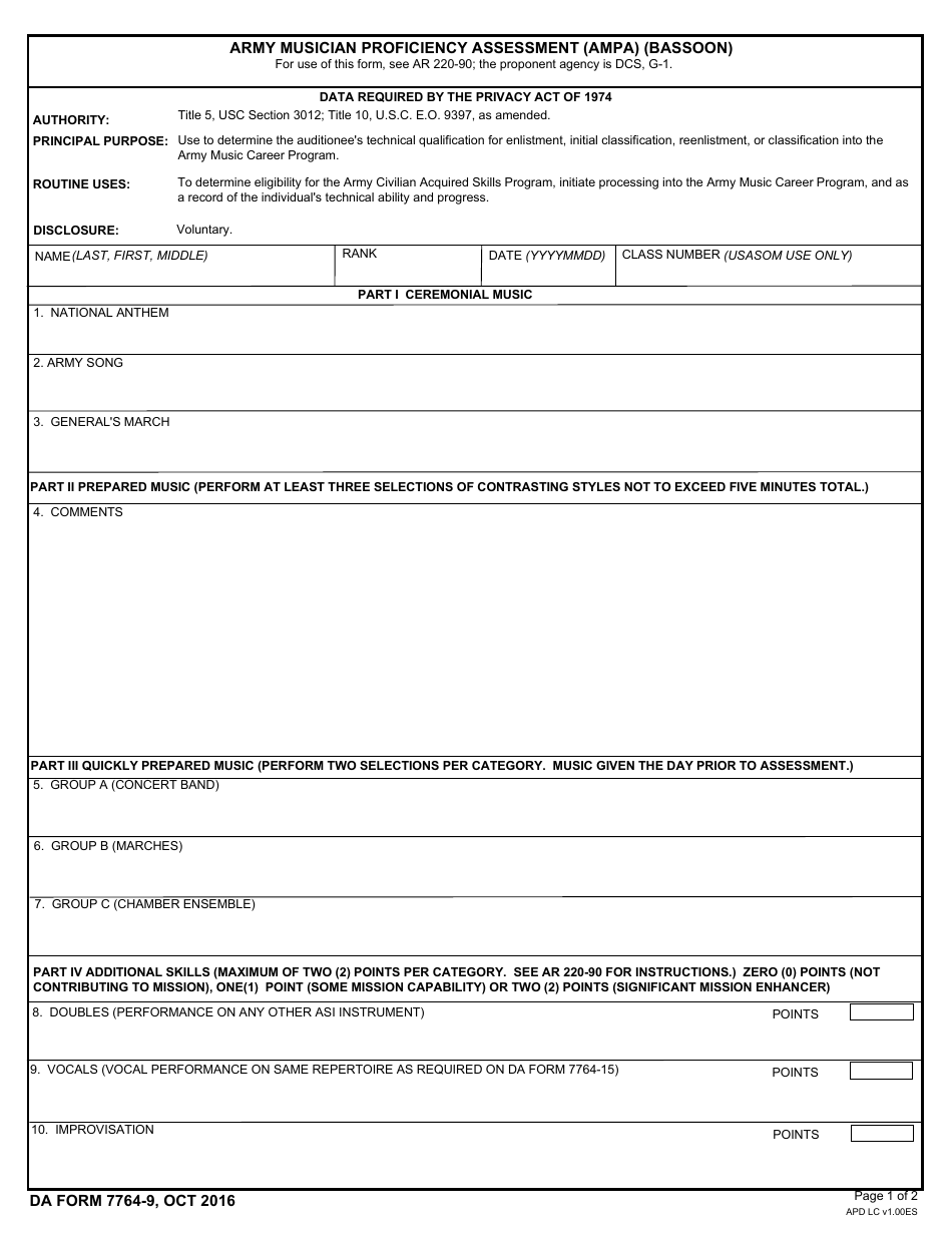 DA Form 7764-9 Army Musician Proficiency Assessment (Ampa) (Bassoon), Page 1
