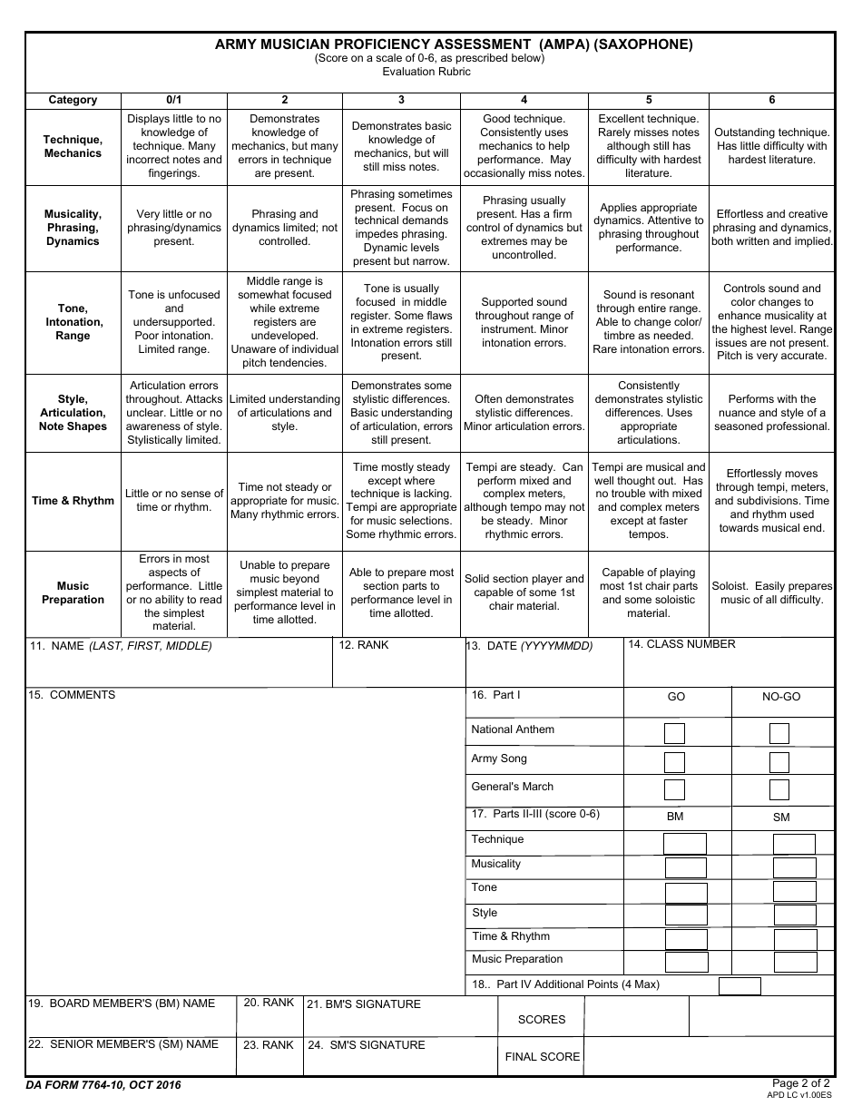 DA Form 7764-10 Army Musician Proficiency Assessment (Ampa) (Saxophone), Page 2