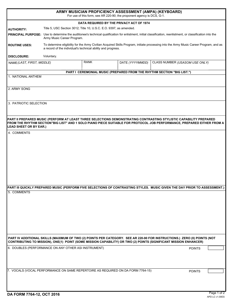 DA Form 7764-12 Army Musician Proficiency Assessment (Ampa) (Keyboard), Page 1