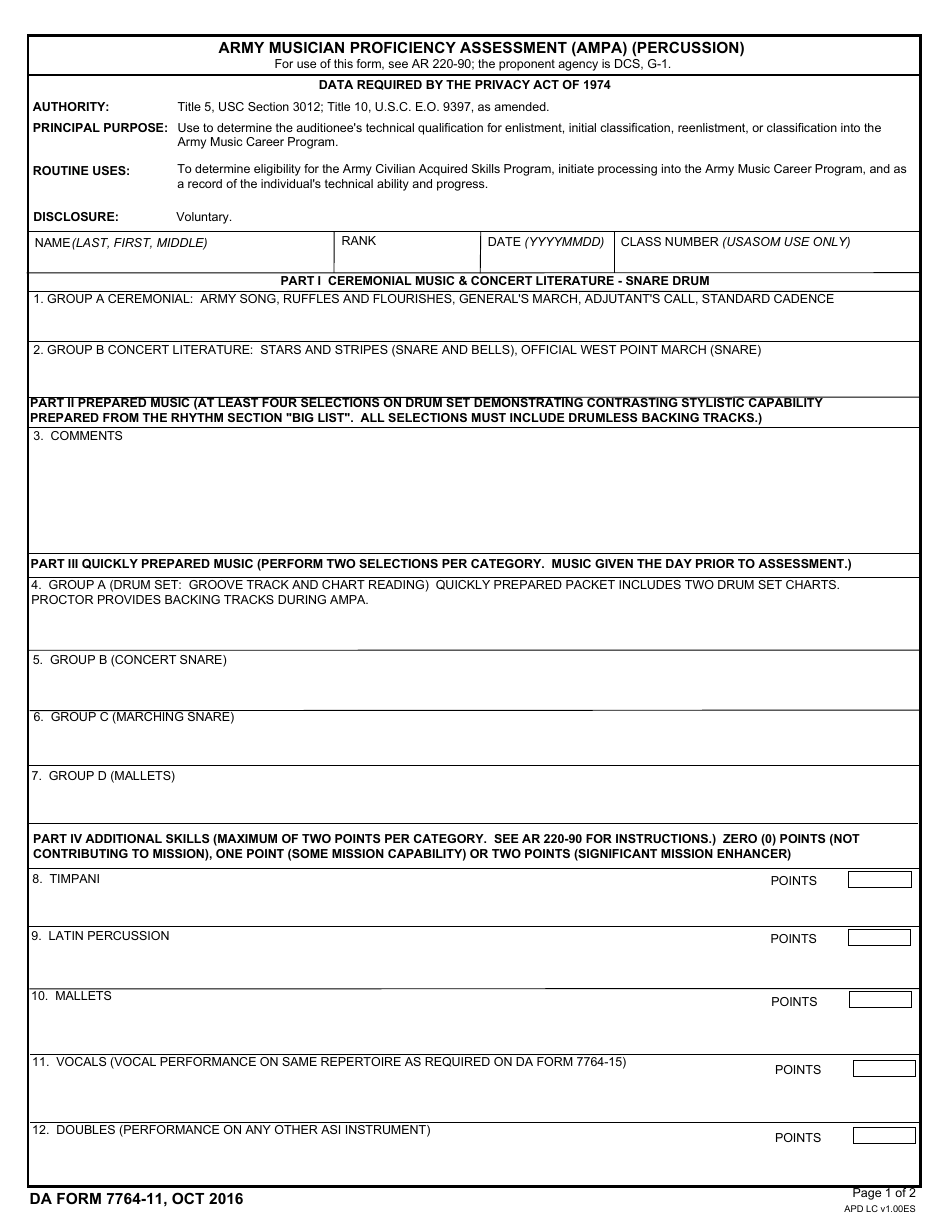 DA Form 7764-11 Army Musician Proficiency Assessment (Ampa) (Percussion), Page 1