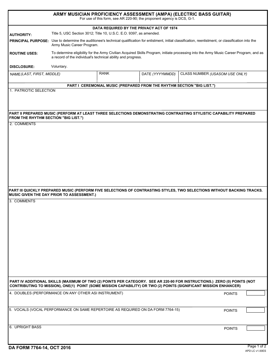 DA Form 7764-14 Army Musician Proficiency Assessment (Ampa) (Electric Bass Guitar), Page 1