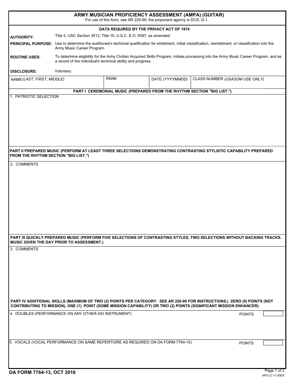DA Form 7764-13 Army Musician Proficiency Assessment (Ampa) (Guitar), Page 1