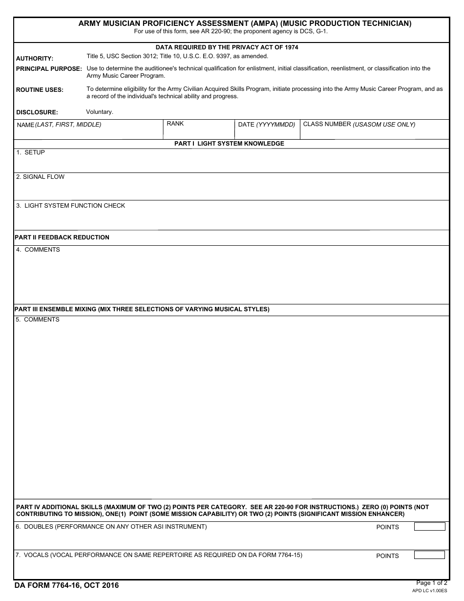 DA Form 7764-16 Army Musician Proficiency Assessment (Ampa) (Music Production Technician), Page 1