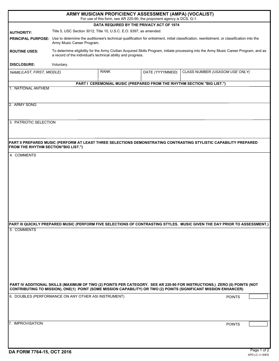 DA Form 7764-15 Army Musician Proficiency Assessment (Ampa) (Vocalist), Page 1