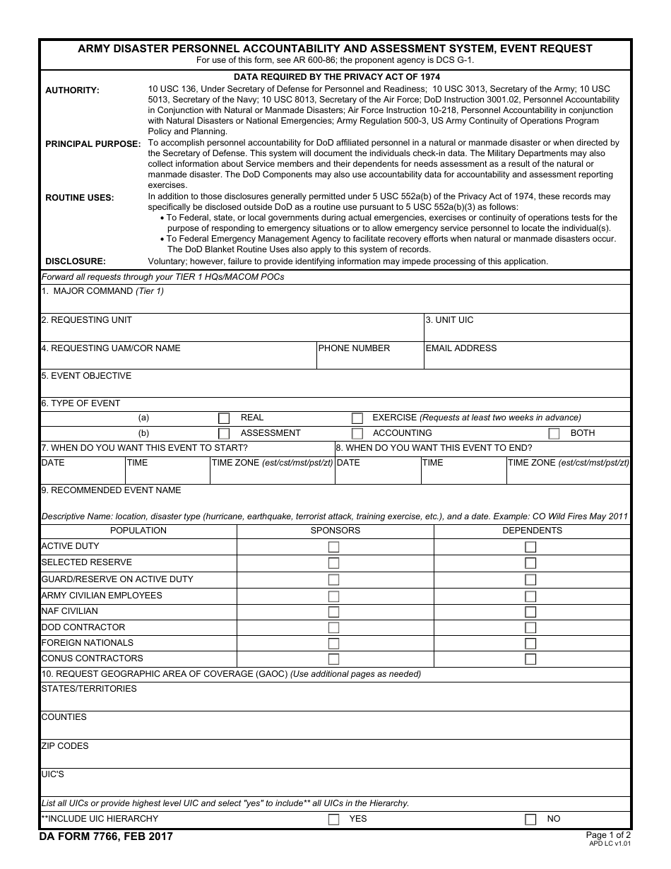 DA Form 7766 Army Disaster Personnel Accountability and Assessment System, Event Request, Page 1