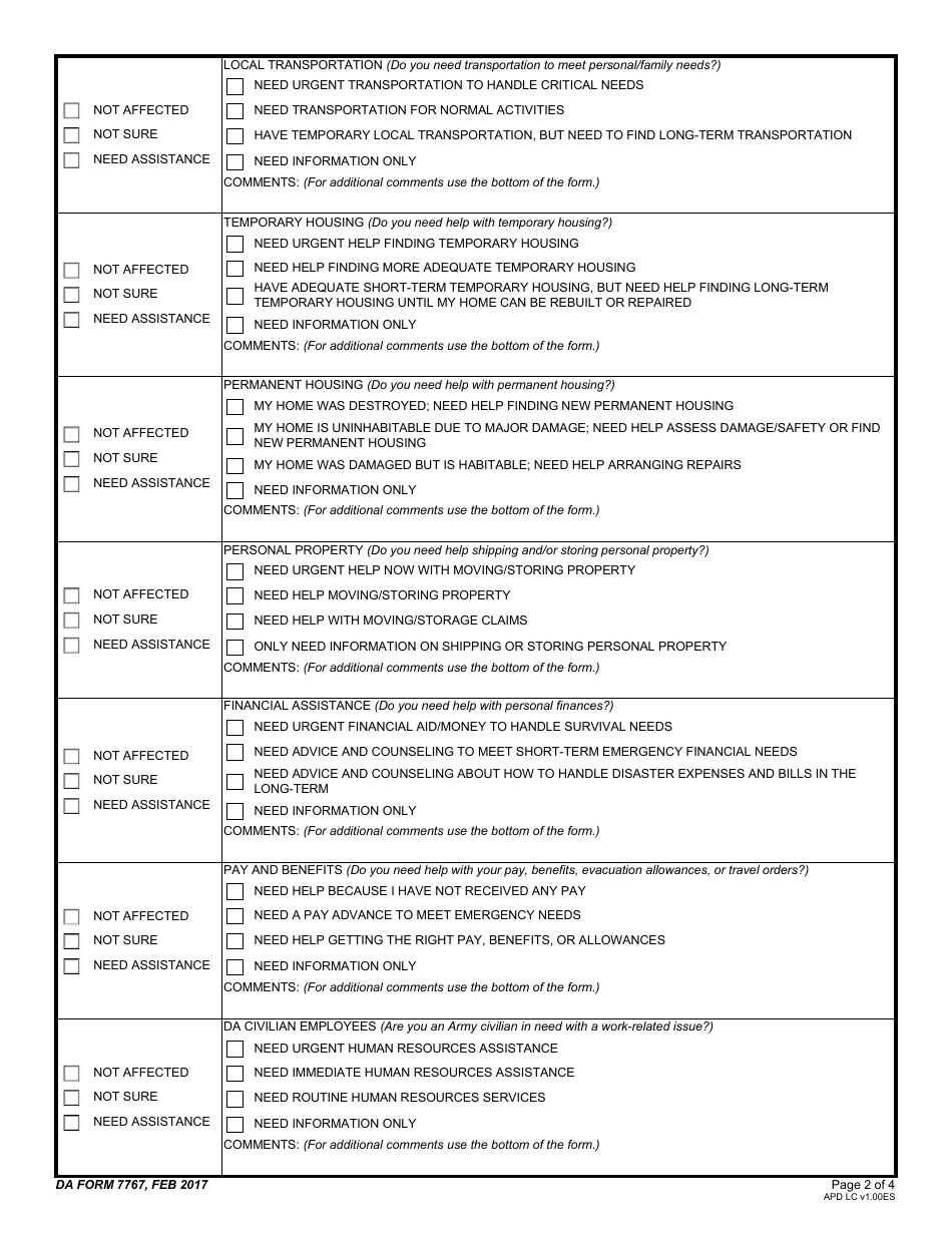 DA Form 7767 Army Disaster Personnel Accountability and Assessment System, Needs Assessment Survey, Page 2