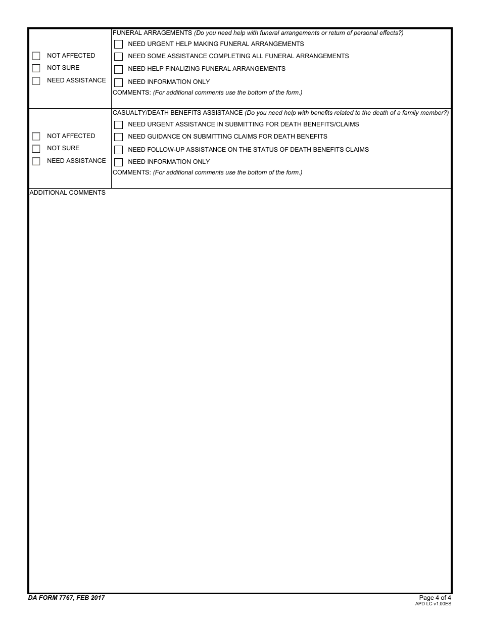 DA Form 7767 Army Disaster Personnel Accountability and Assessment System, Needs Assessment Survey, Page 4