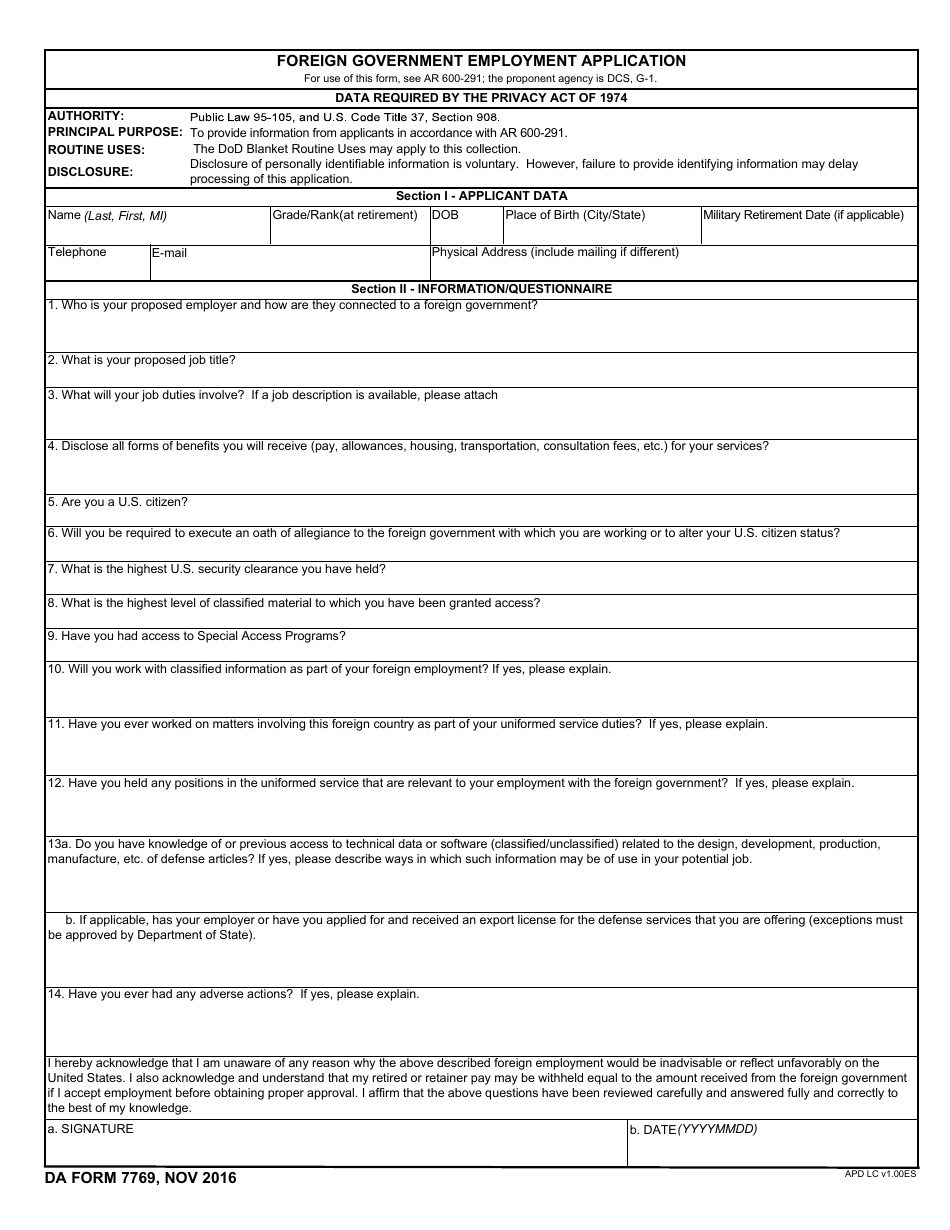 DA Form 7769 Foreign Government Employment Application, Page 1
