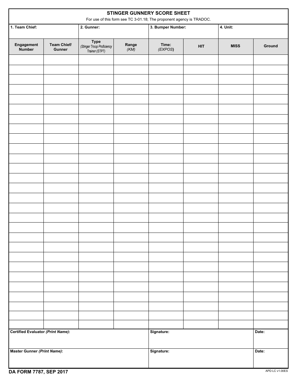 DA Form 7787 Stinger Gunnery Score Sheet, Page 1