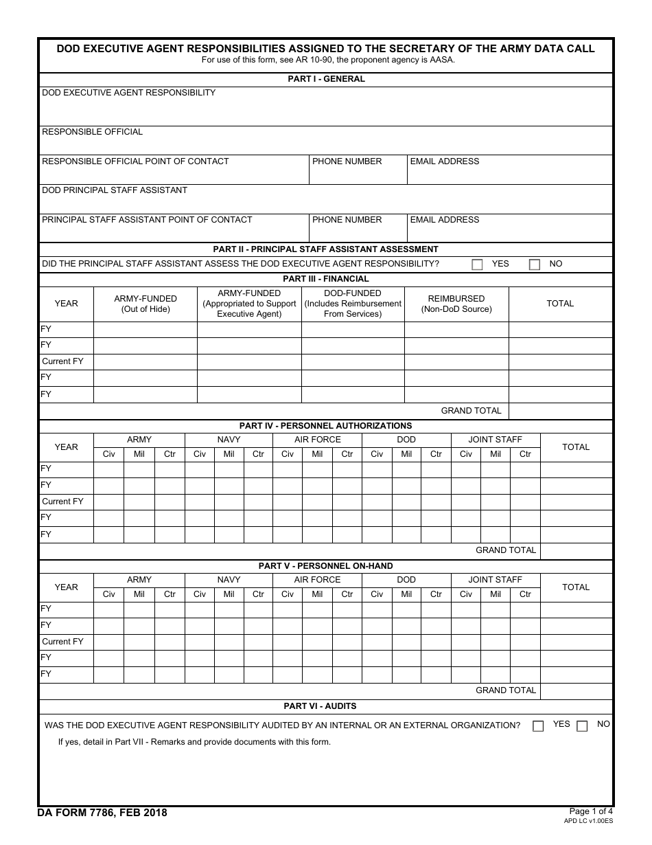 DA Form 7786 DoD Executive Agent Responsibilities Assigned to the Secretary of the Army Data Call, Page 1