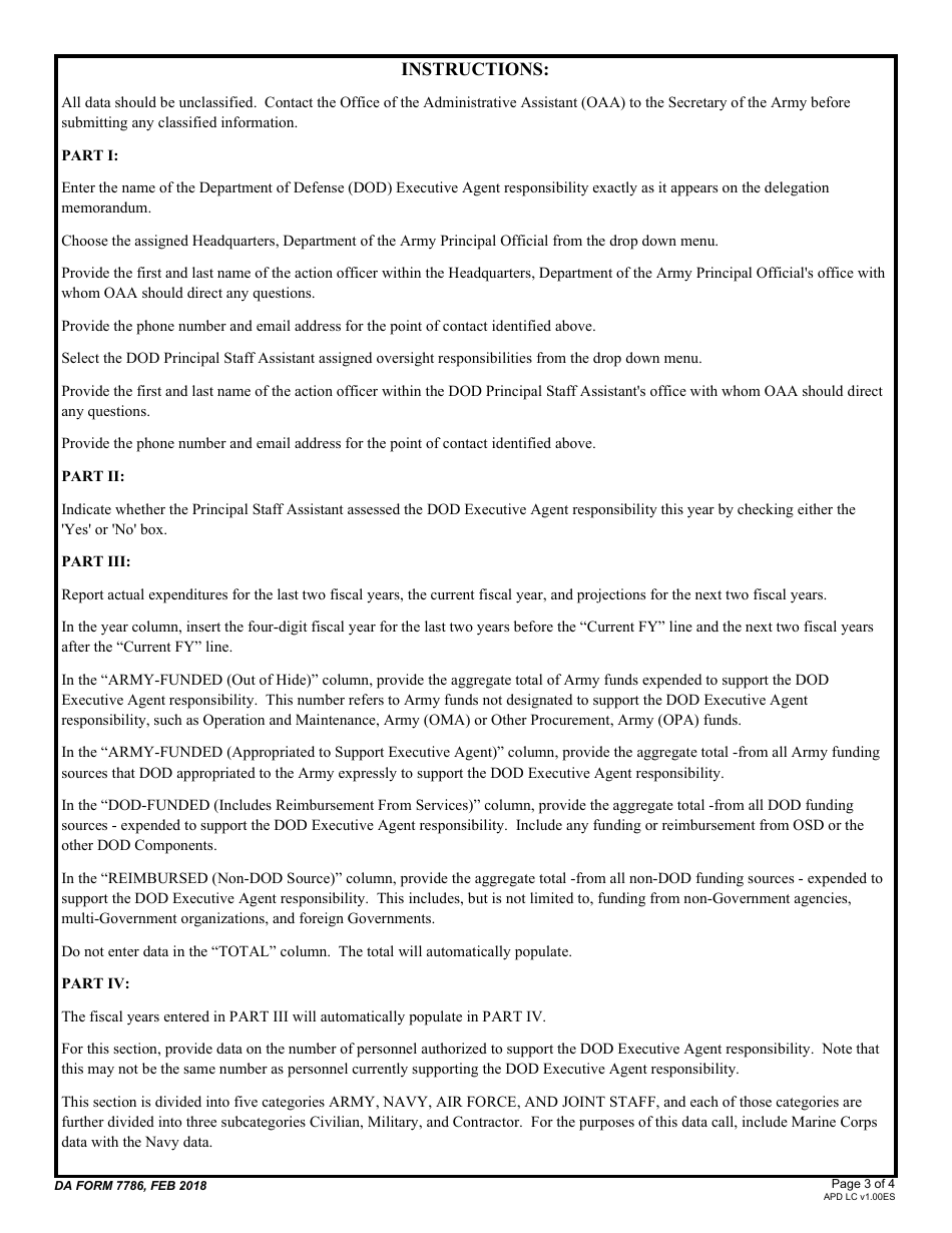 DA Form 7786 DoD Executive Agent Responsibilities Assigned to the Secretary of the Army Data Call, Page 3