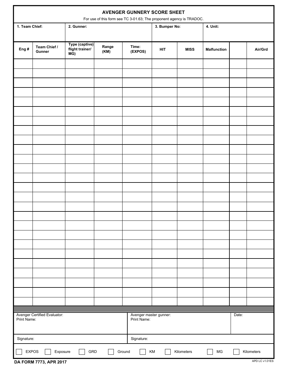 DA Form 7773 Avenger Gunnery Score Sheet, Page 1