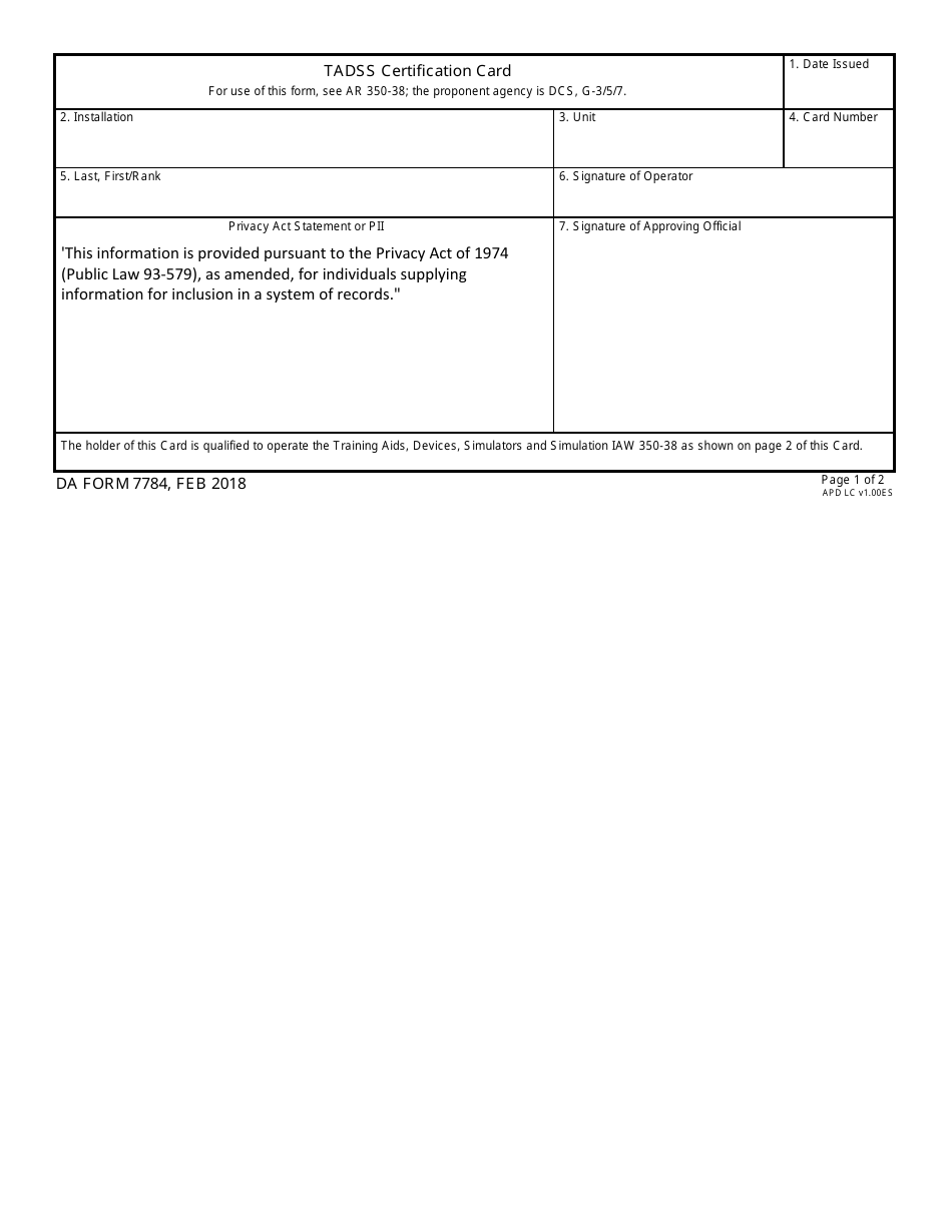 DA Form 7784 Tadss Cerification Card, Page 1