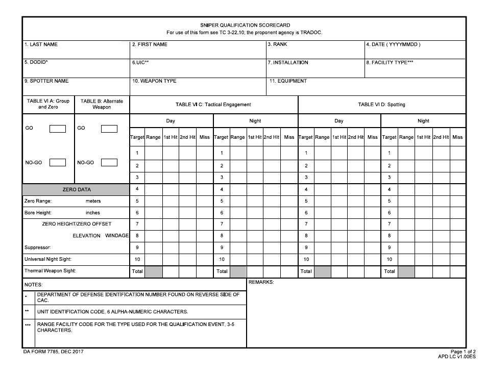 DA Form 7785 Sniper Qualification Scorecard, Page 1