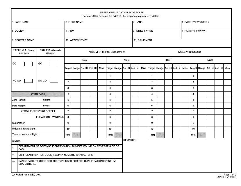 DA Form 7785 Download Fillable PDF, Sniper Qualification Scorecard ...