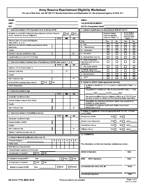 DA Form 7776 Army Reserve Reenlistment Eligibility Worksheet