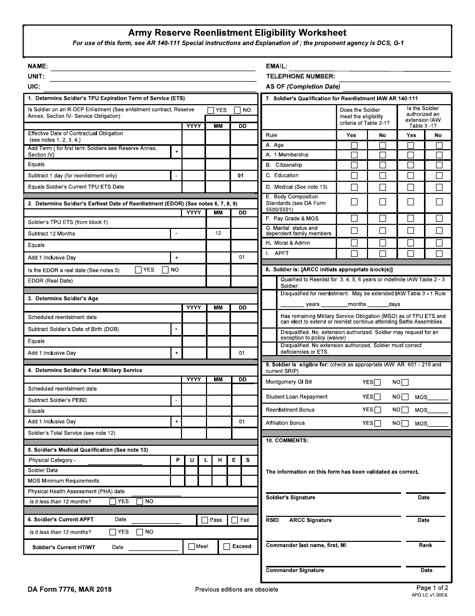 DA Form 7776 Army Reserve Reenlistment Eligibility Worksheet, Page 1