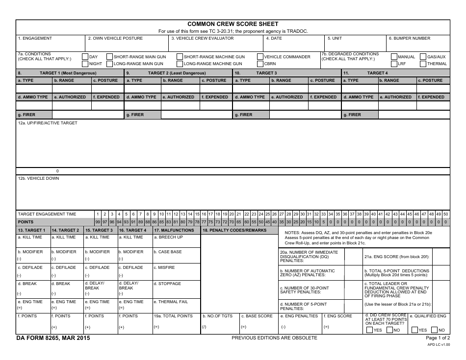 DA Form 8265 Common Crew Score Sheet, Page 1