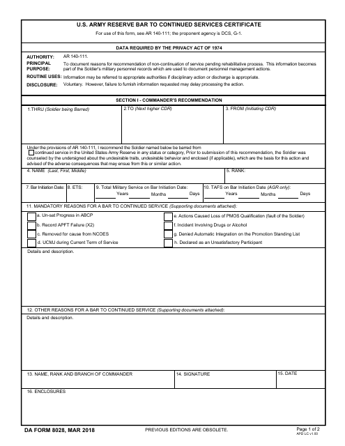 DA Form 8028 U.S. Army Reserve Bar to Continued Services Certificate