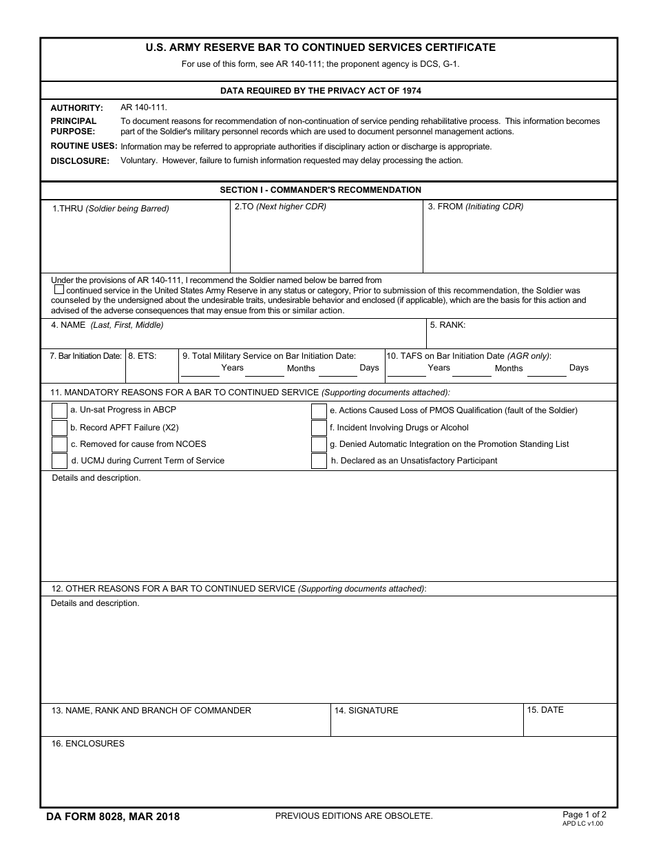 DA Form 8028 U.S. Army Reserve Bar to Continued Services Certificate, Page 1