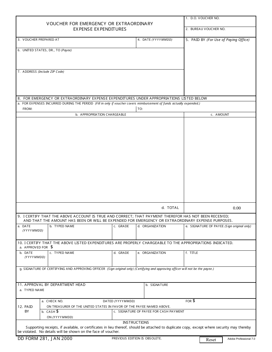 DD Form 281 Voucher for Emergency or Extraordinary Expense Expenditures, Page 1