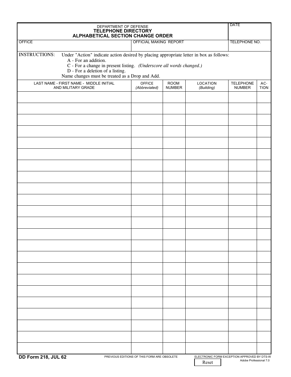 DD Form 218 Download Fillable PDF Or Fill Online Telephone Directory 
