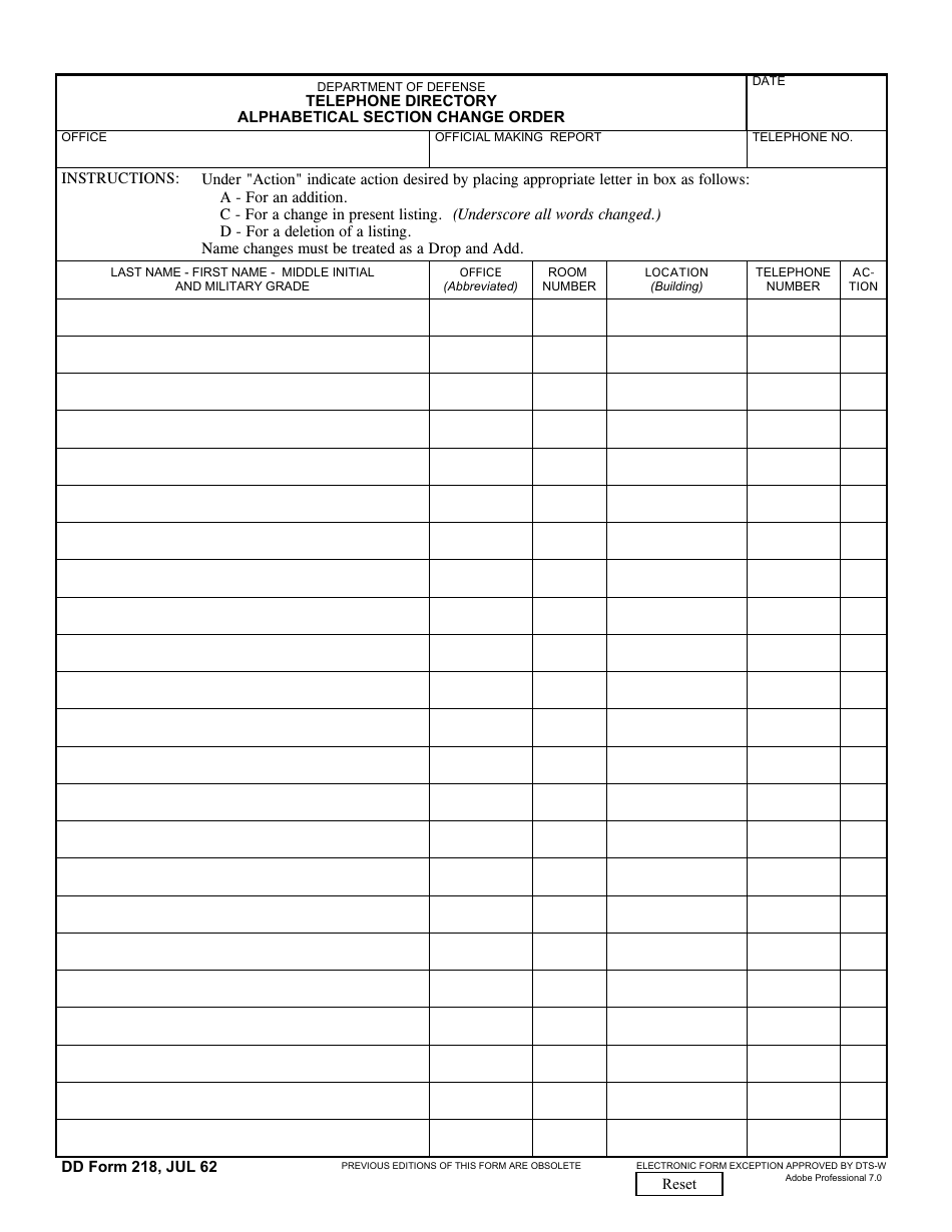 DD Form 218 Telephone Directory Alphabetical Section Change Order, Page 1