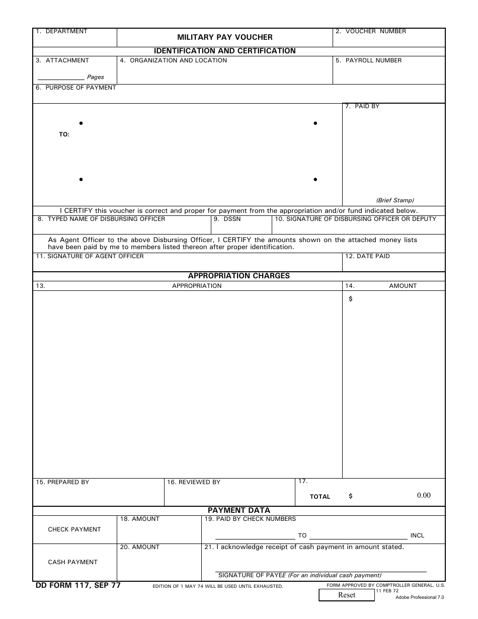 DD Form 117 Military Pay Voucher, Page 1