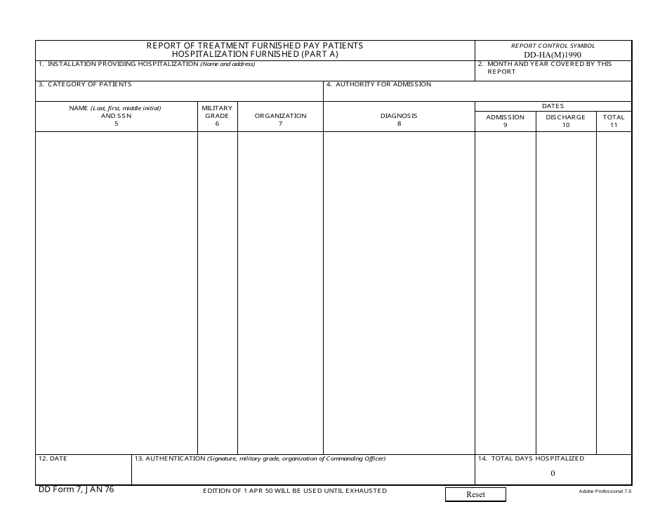 DD Form 7 Report of Treatment Furnished Pay Patients Hospitalization Furnished (Part a), Page 1