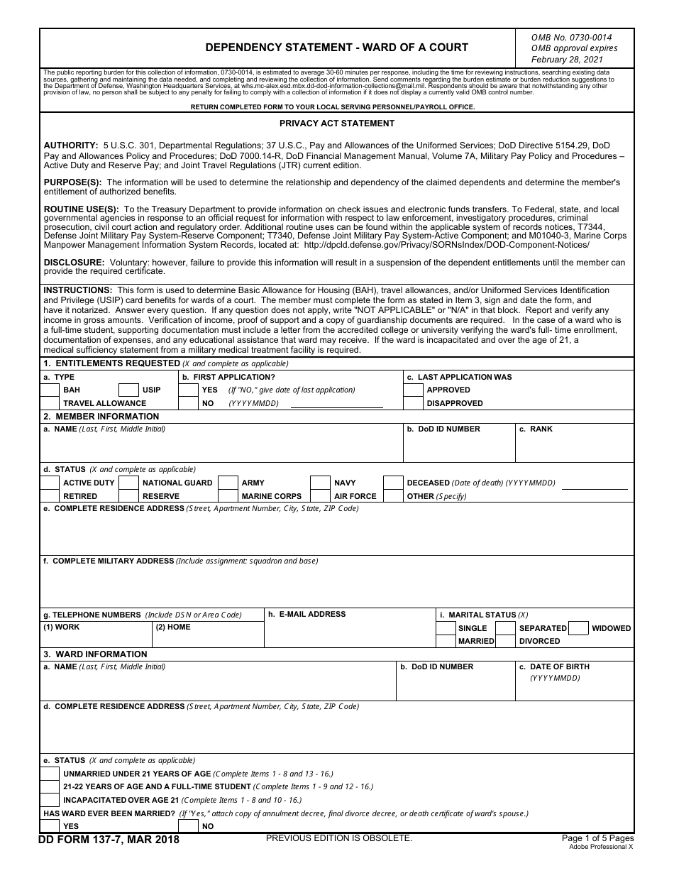 DD Form 137-7 Dependency Statement - Ward of a Court, Page 1