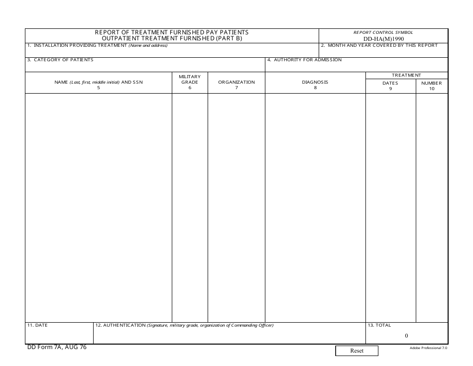 DD Form 7A Report of Treatment Furnished Pay Patients Outpatient Furnished (Part B), Page 1
