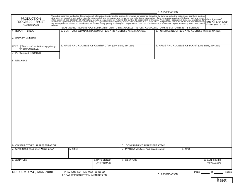 DD Form 375C Production Progress Report (Continuation)
