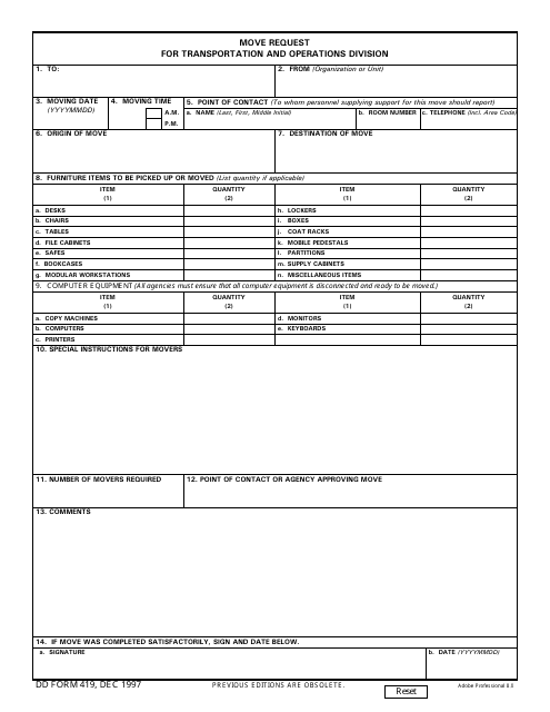DD Form 419 Move Request for Transportation and Operations Division