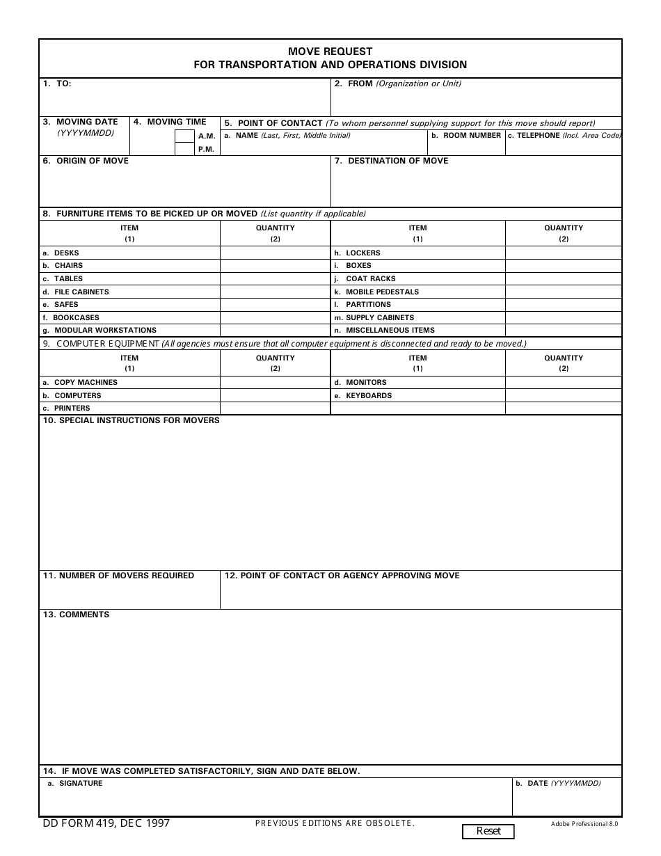 Dd Form 419 Download Fillable Pdf Or Fill Online Move Request For Transportation And Operations Division Templateroller