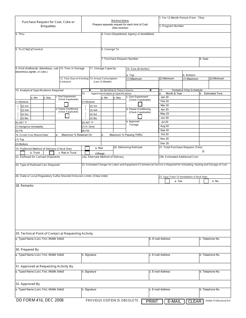 DD Form 416 Purchase Request for Coal, Coke or Briquettes, Page 1