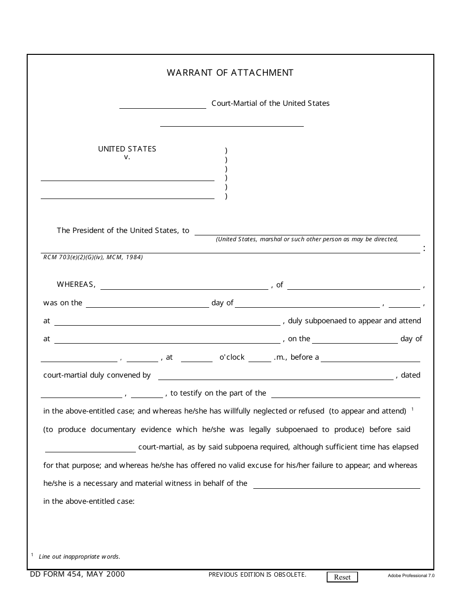 DD Form 454 Warrant of Attachment, Page 1