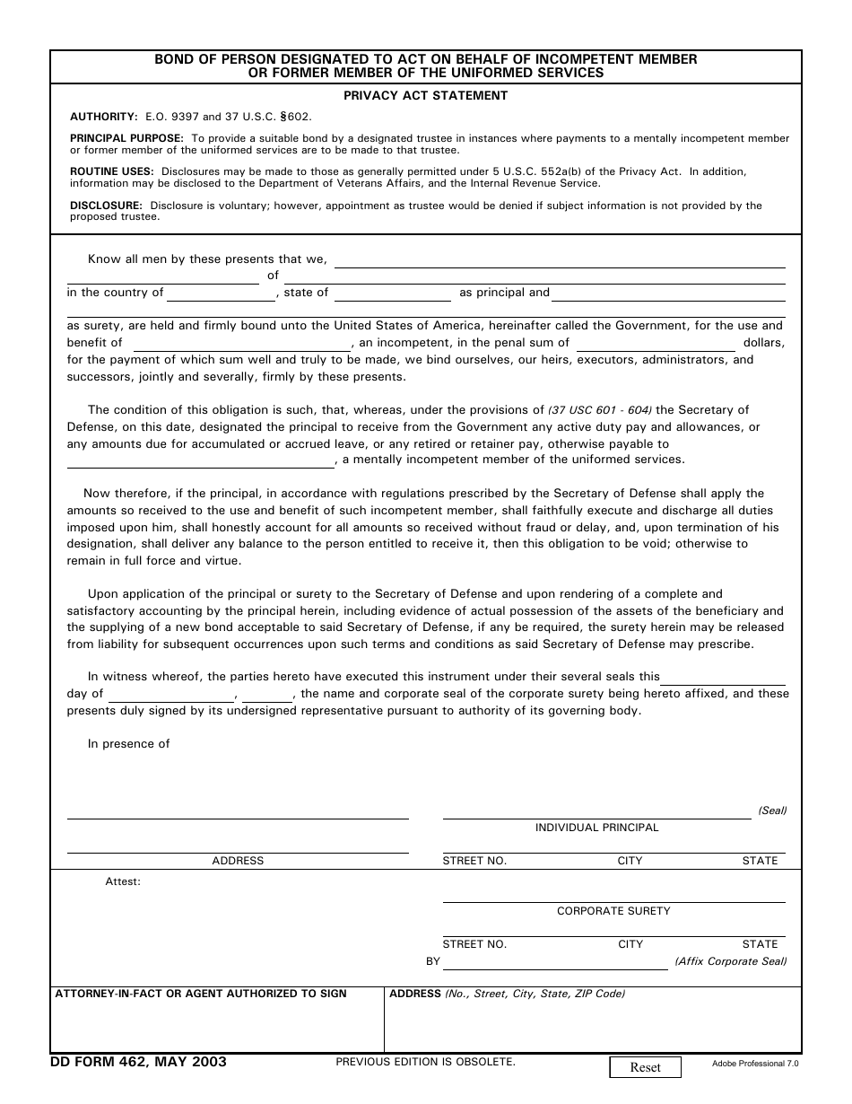 DD Form 462 Bond of Person Designated to Act on Behalf of Incompetent Member or Former Member of the Uniformed Services, Page 1