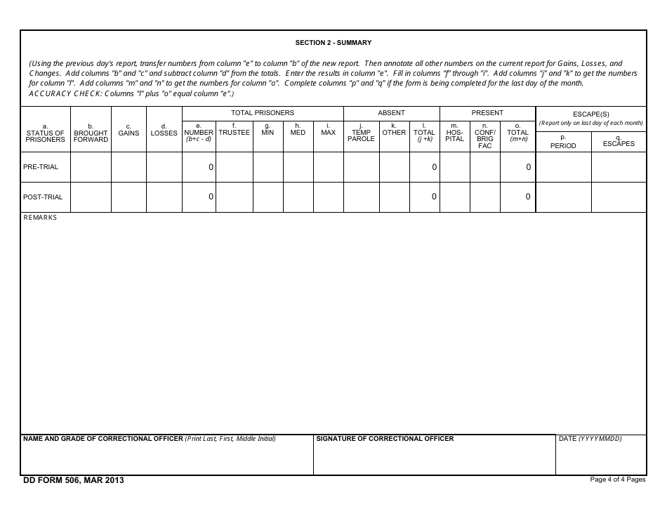 DD Form 506 Daily Strength Record of Prisoners, Page 4