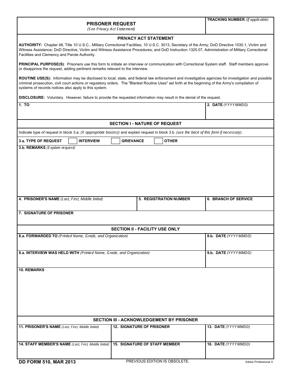 DD Form 510 Prisoner Request, Page 1