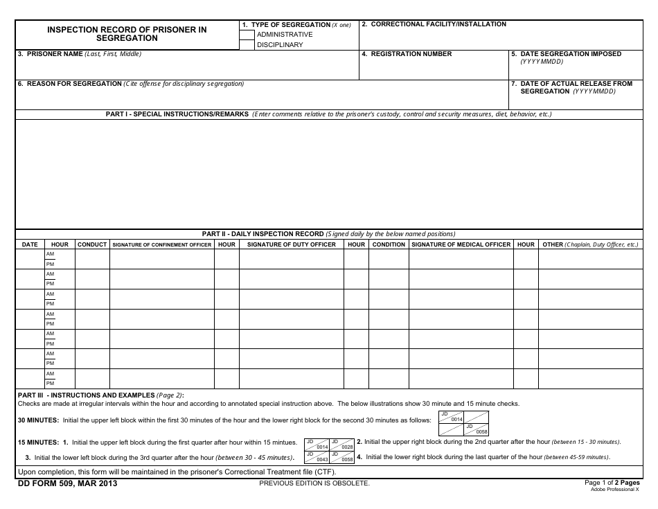 DD Form 509 Inspection Record of Prisoner in Segregation, Page 1