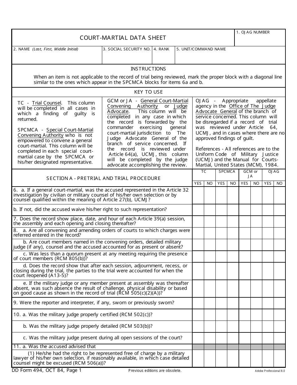 DD Form 494 Court-Martial Data Sheet, Page 1