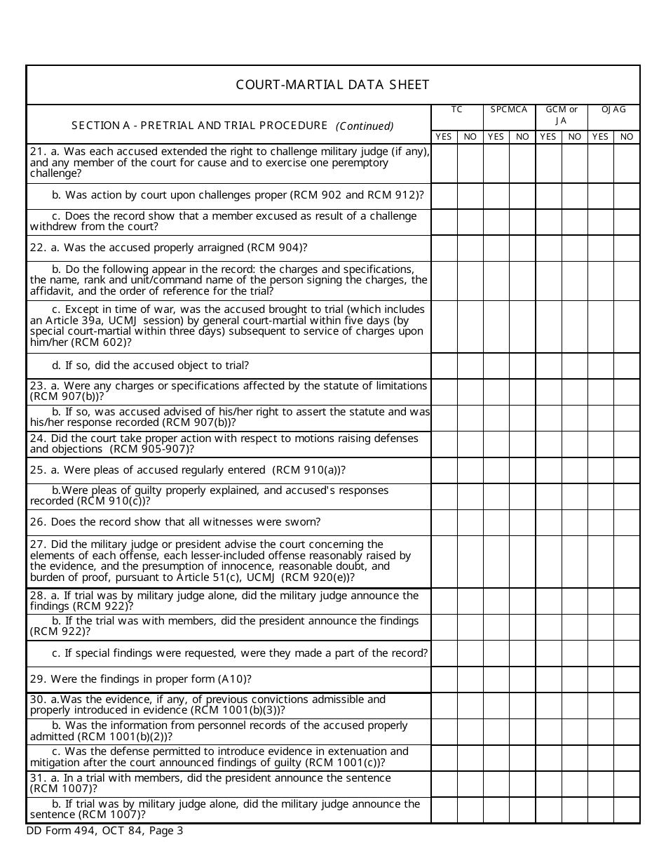 DD Form 494 Court-Martial Data Sheet, Page 3