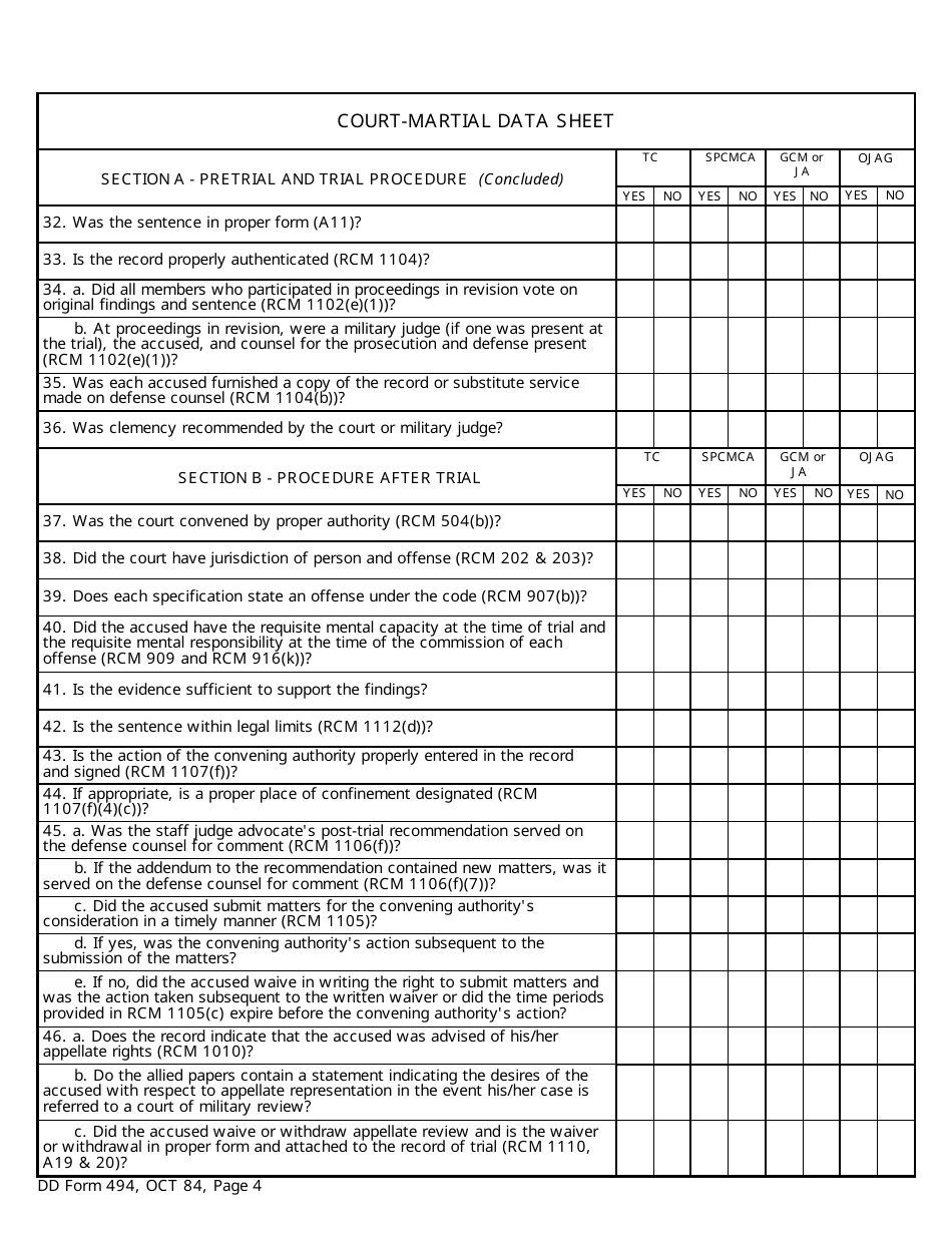DD Form 494 Court-Martial Data Sheet, Page 4