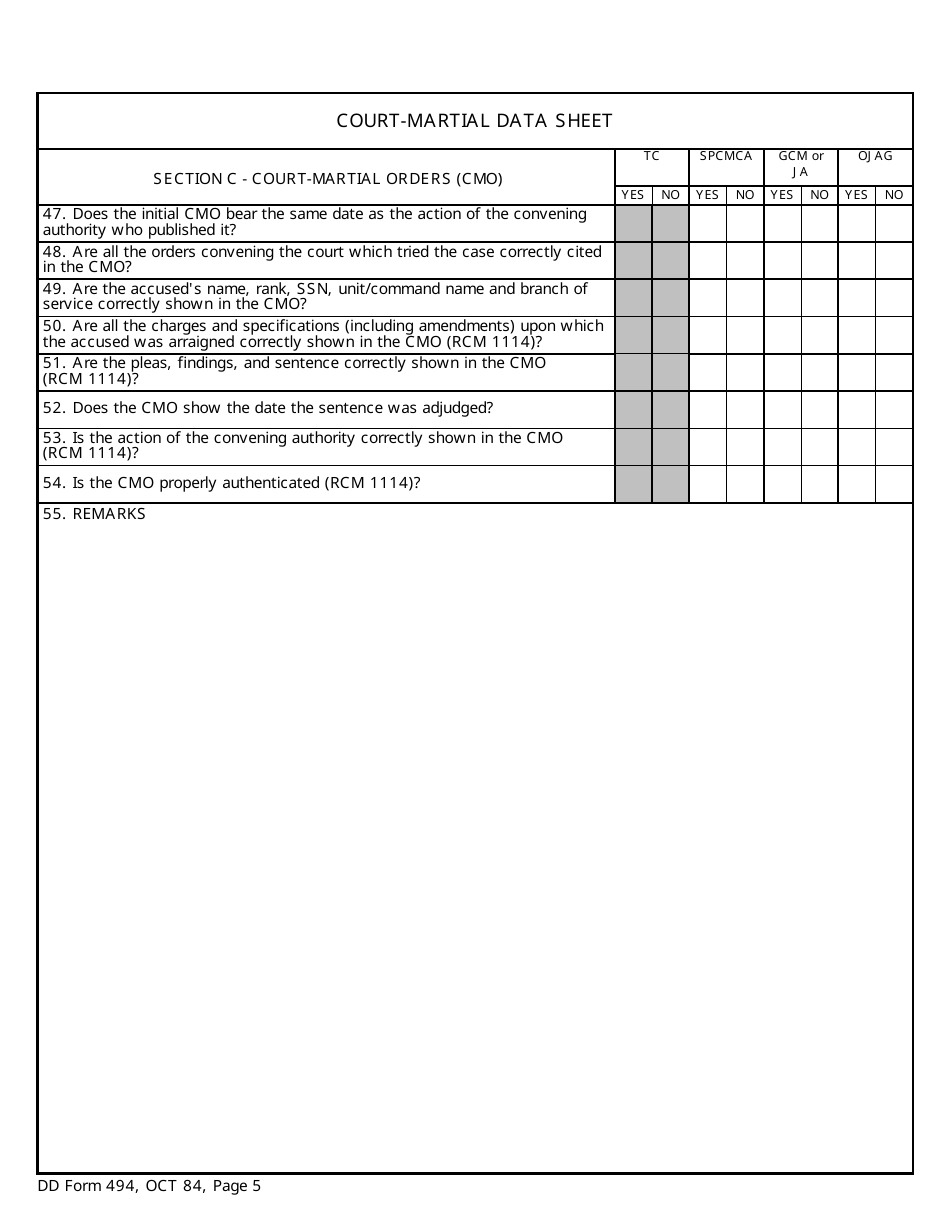DD Form 494 Court-Martial Data Sheet, Page 5